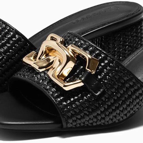 Womens Raffia Slide Sandals Chunky Block Heels Open Toe Metal Chain Shoes - Picture 5 of 5